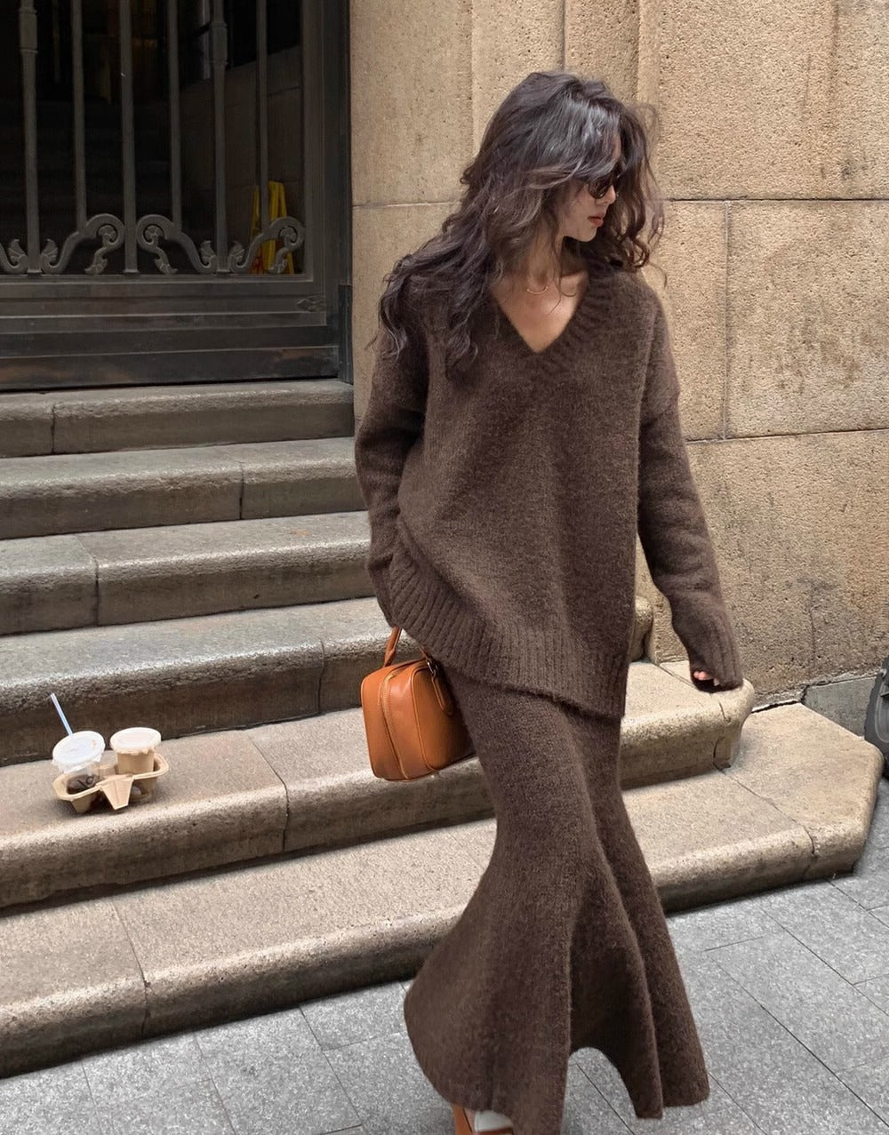 Janette | Women’s Ribbed Knit V-Neck Skirt Two-Piece Set — TOPNEWPLACE