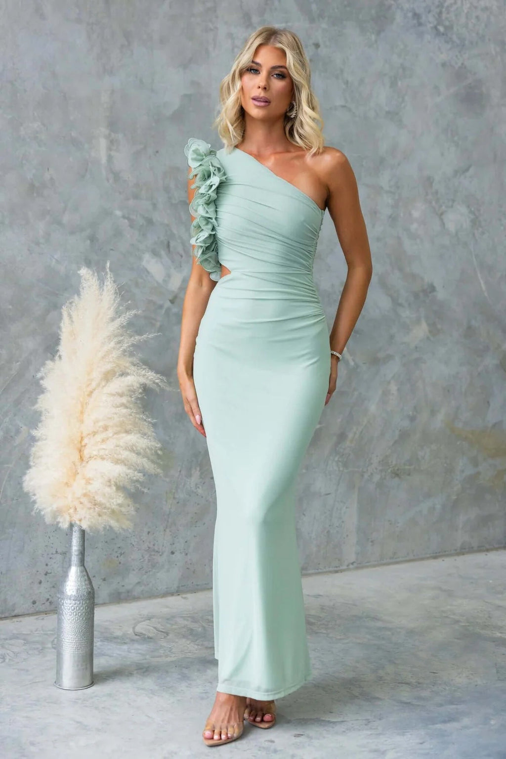 Ruzena | Women's Wedding Guest One-Shoulder Maxi Dress with Ruffles