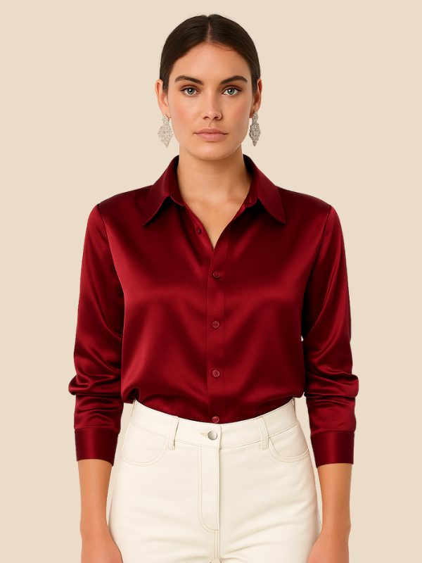 Satin Shirt Point Collar Button Front Long Sleeve — Breathable