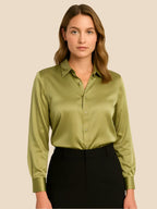 Satin Shirt Point Collar Button Front Long Sleeve — Breathable