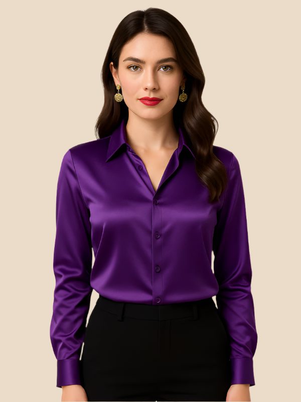Satin Shirt Point Collar Button Front Long Sleeve — Breathable