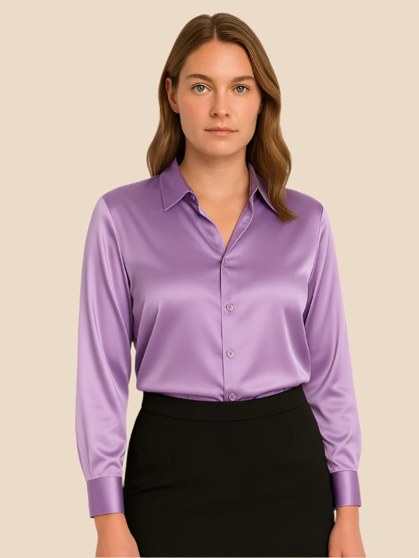Satin Shirt Point Collar Button Front Long Sleeve — Breathable