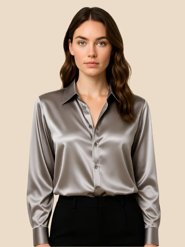Satin Shirt Point Collar Button Front Long Sleeve — Breathable