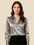 Satin Shirt Point Collar Button Front Long Sleeve — Breathable