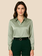 Satin Shirt Point Collar Button Front Long Sleeve — Breathable
