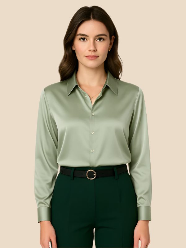 Satin Shirt Point Collar Button Front Long Sleeve — Breathable