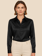 Satin Shirt Point Collar Button Front Long Sleeve — Breathable