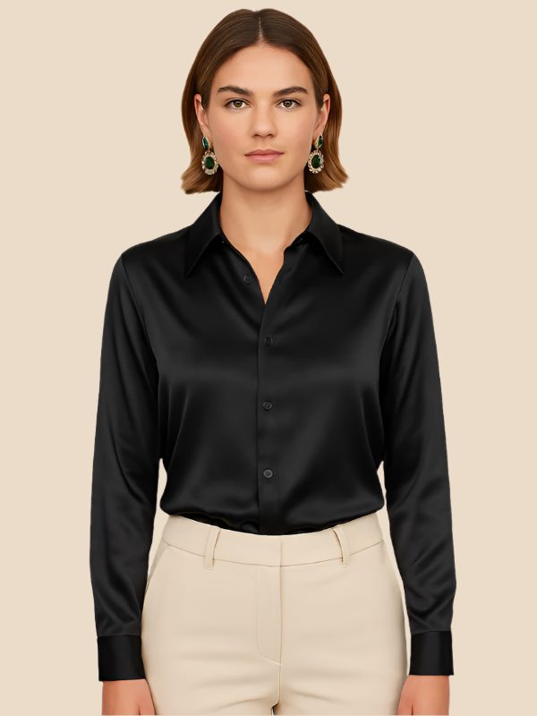 Satin Shirt Point Collar Button Front Long Sleeve — Breathable