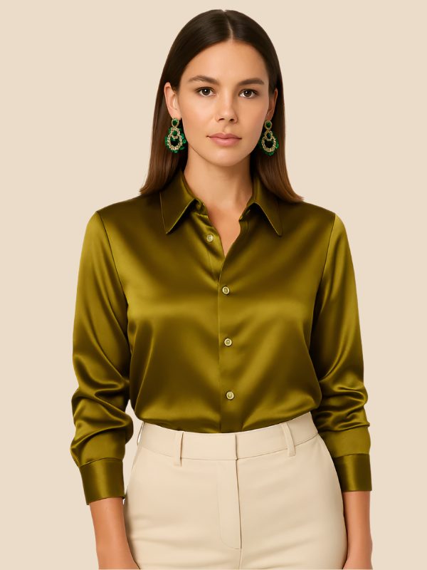 Satin Shirt Point Collar Button Front Long Sleeve — Breathable