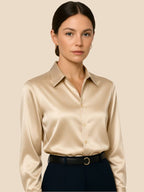 Satin Shirt Point Collar Button Front Long Sleeve — Breathable