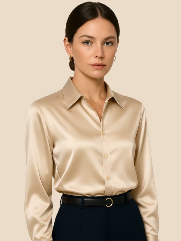 Satin Shirt Point Collar Button Front Long Sleeve — Breathable
