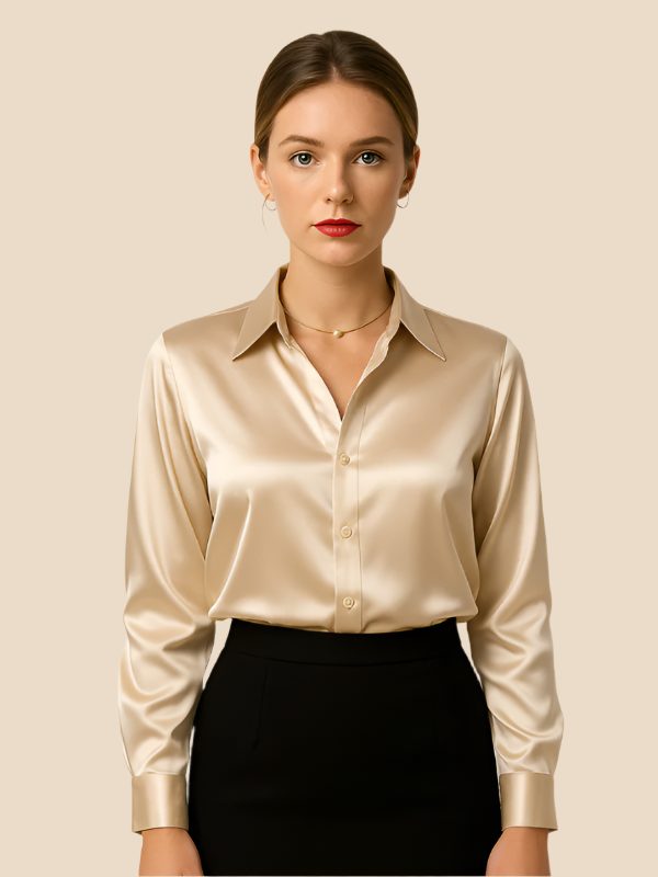 Satin Shirt Point Collar Button Front Long Sleeve — Breathable