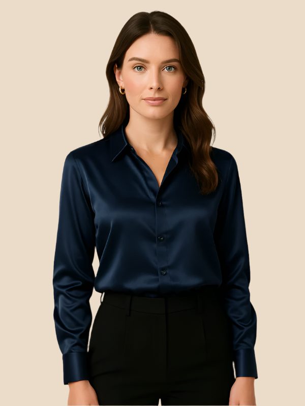 Satin Shirt Point Collar Button Front Long Sleeve — Breathable