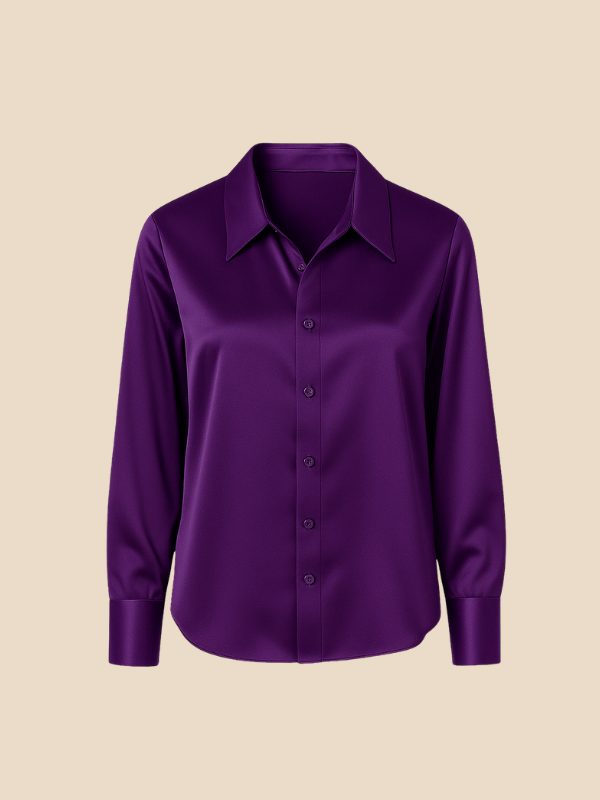 Satin Shirt Point Collar Button Front Long Sleeve — Breathable