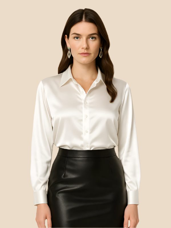 Satin Shirt Point Collar Button Front Long Sleeve — Breathable