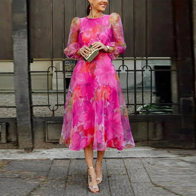 Vanja | Women's Wedding Guest Floral Puff Sleeve Midi Dress