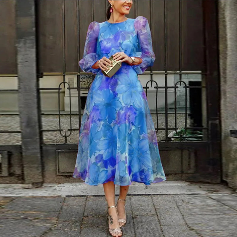 Vanja | Women's Wedding Guest Floral Puff Sleeve Midi Dress