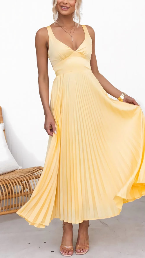 Women's Pleated Crossover Back Maxi Dress Yellow — view 1