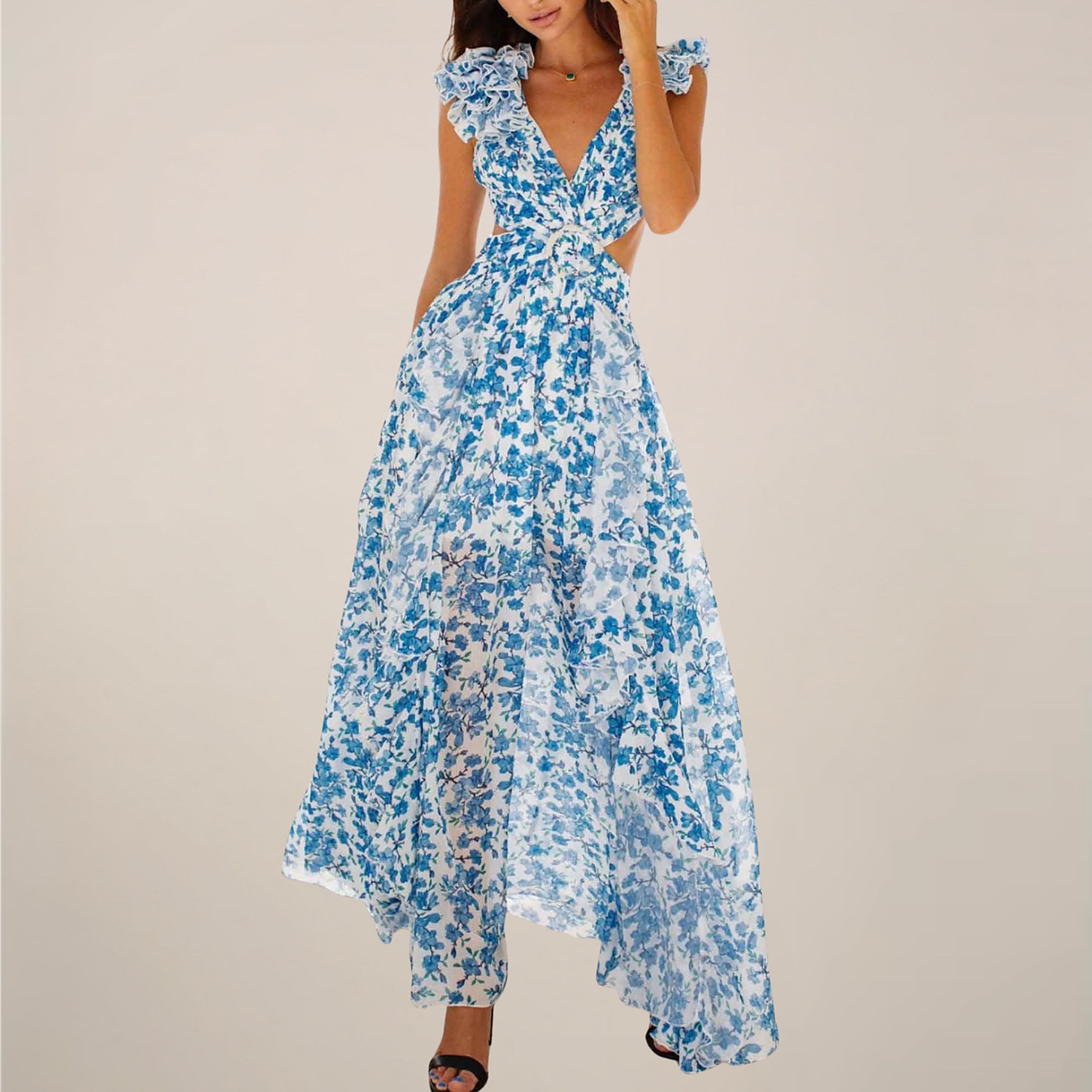 Women's V-Neck Ruffled Sleeves Maxi Dress — view 3