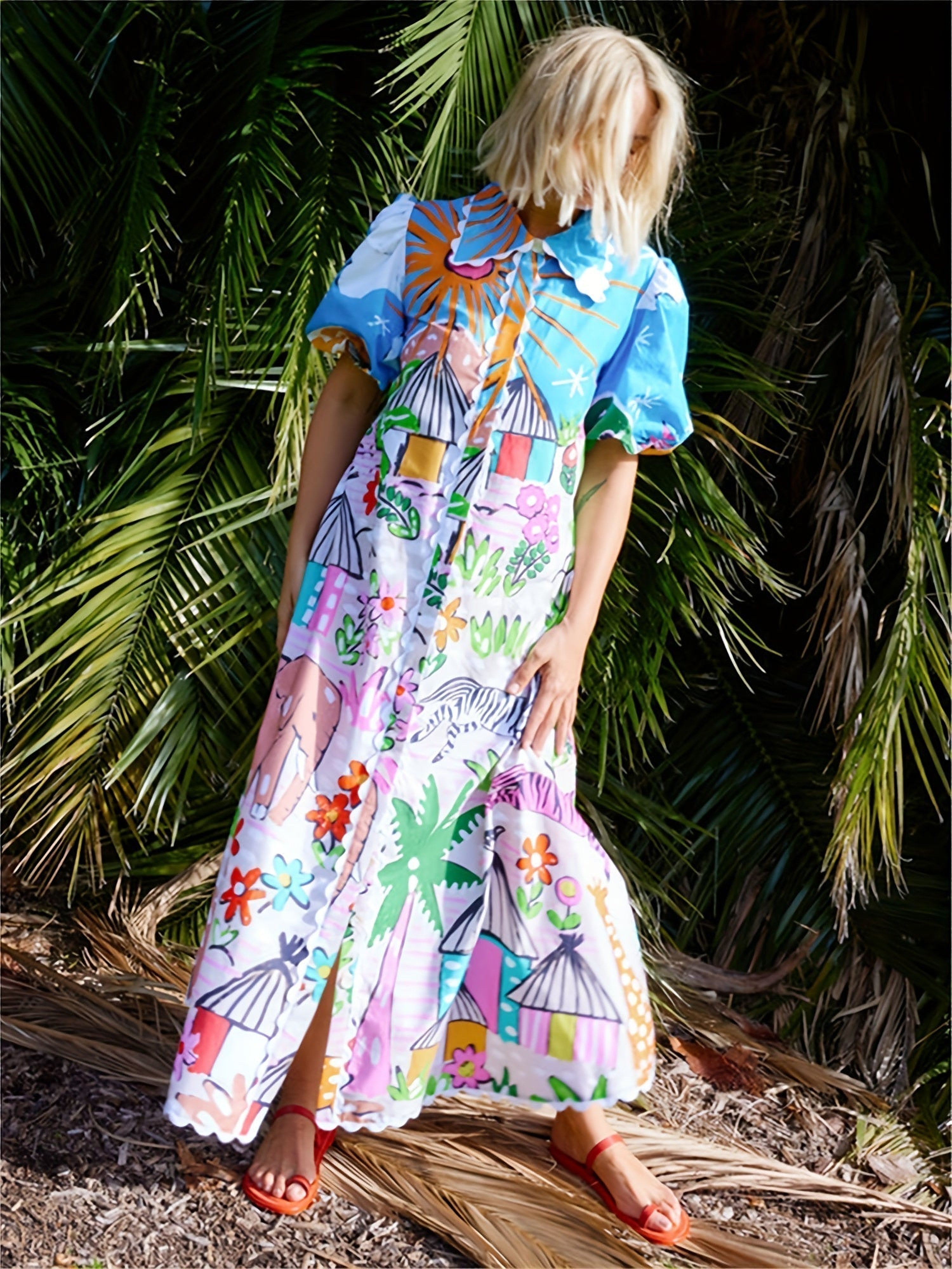 Women's Short Sleeve Printed Shirt Maxi Dress — view 10