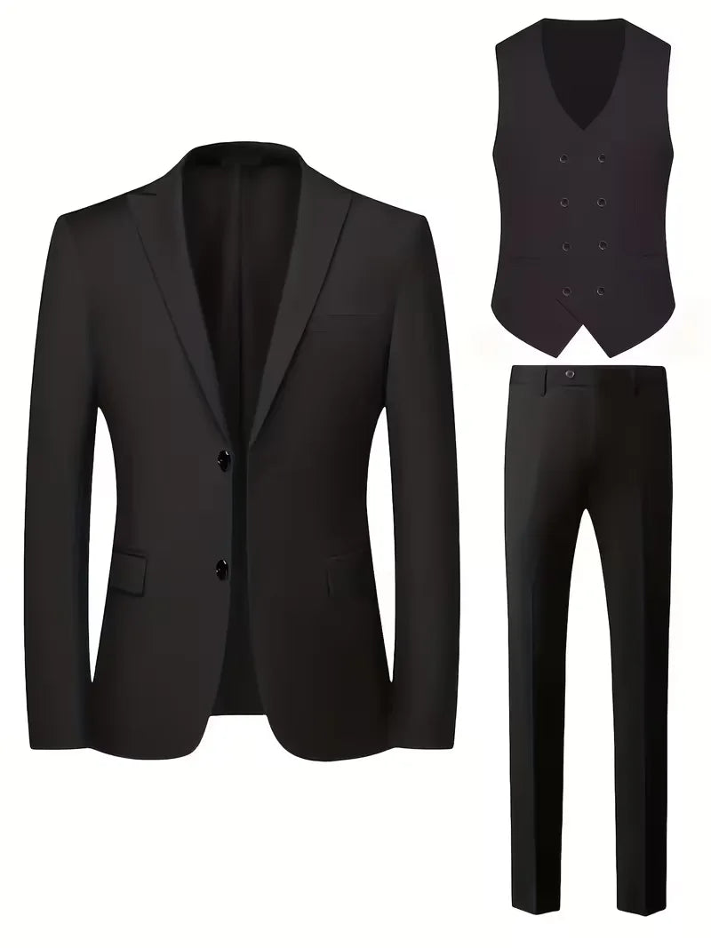 Erasmus | Men's Slim Fit Double-Breasted Three-Piece Suit Set with Waistcoat
