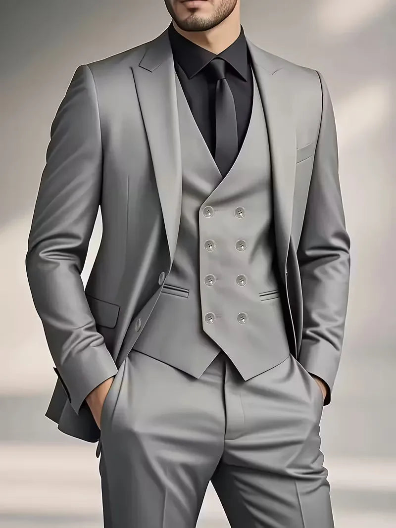 Erasmus | Men's Slim Fit Double-Breasted Three-Piece Suit Set with Waistcoat