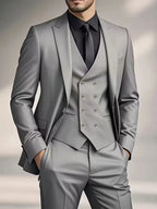 Erasmus | Men's Slim Fit Double-Breasted Three-Piece Suit Set with Waistcoat