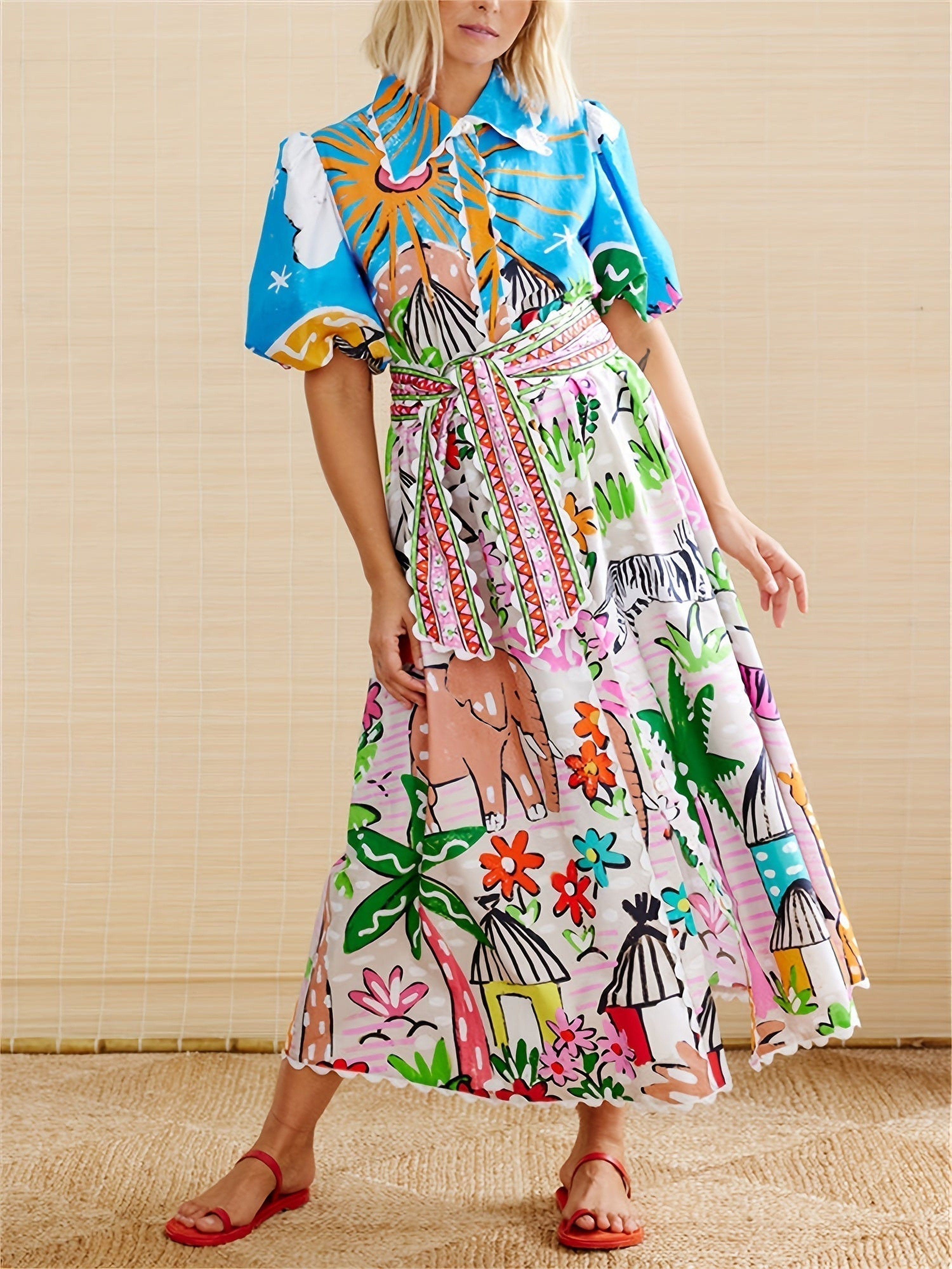 Women's Short Sleeve Printed Shirt Maxi Dress — view 4