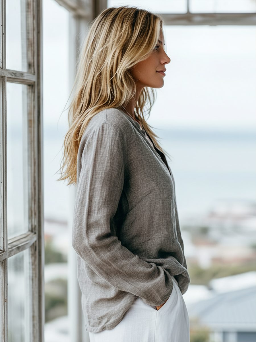 Ursula | Women's Cotton-Linen Henley Shirt with Long Sleeves