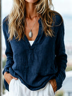Ursula | Women's Cotton-Linen Henley Shirt with Long Sleeves