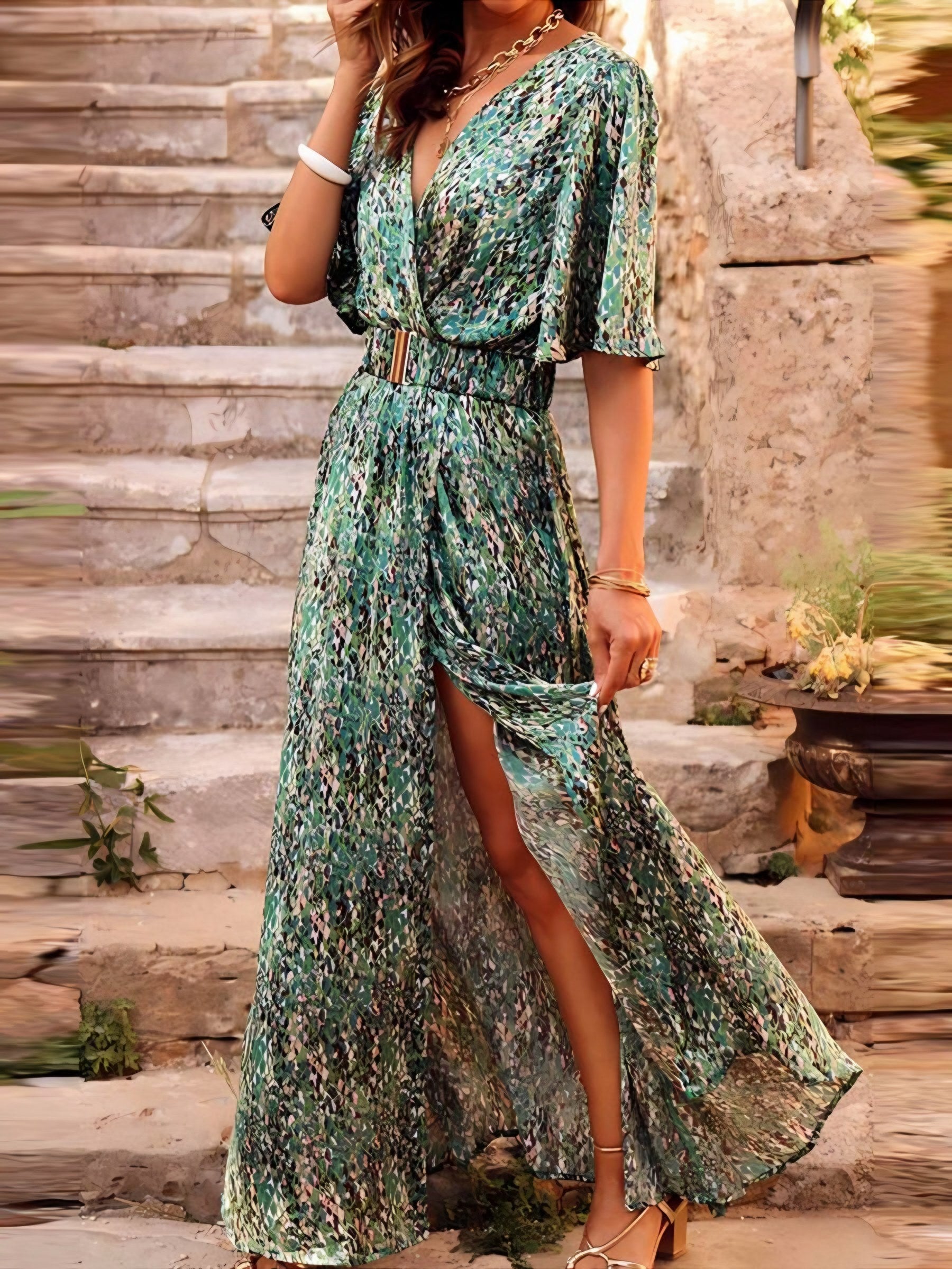 Women's Short Sleeve Wrap High Slit Maxi Dress — view 1