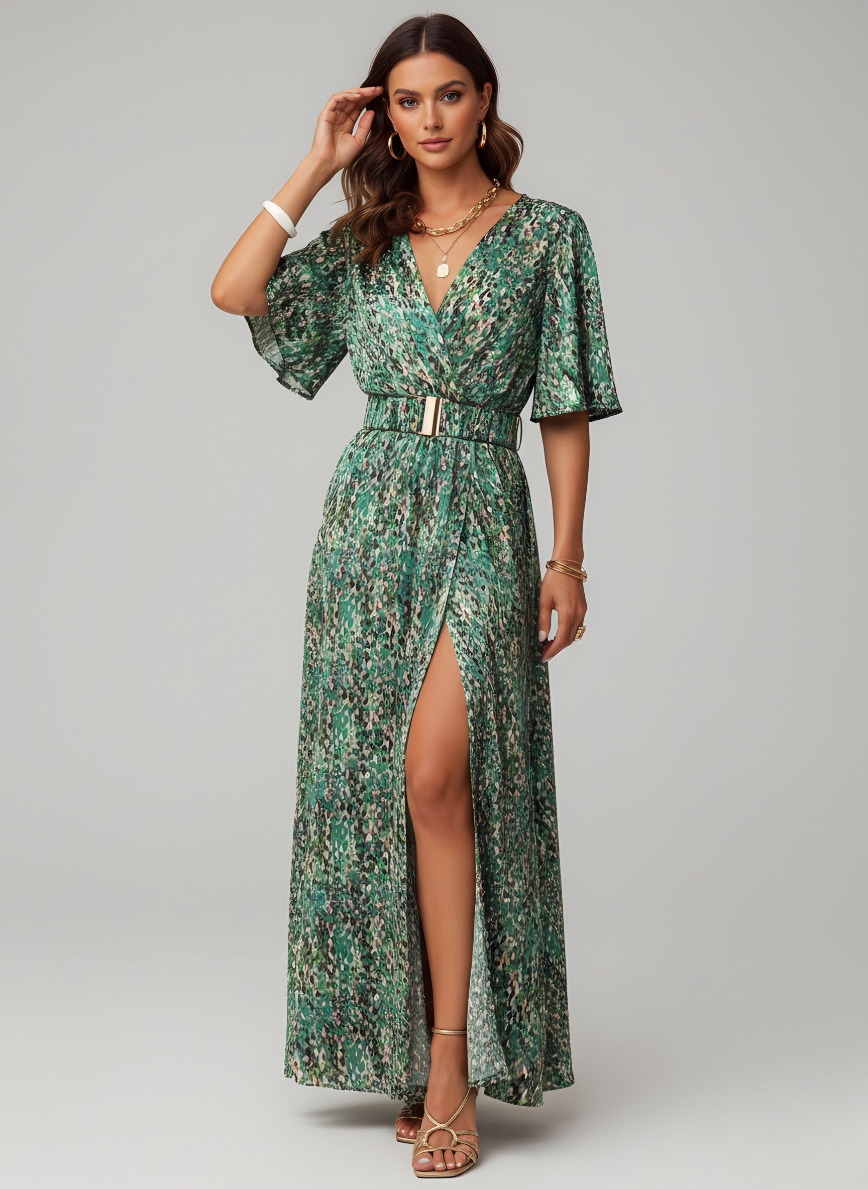 Women's Short Sleeve Wrap High Slit Maxi Dress — view 3