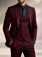 Erasmus | Men's Slim Fit Double-Breasted Three-Piece Suit Set with Waistcoat