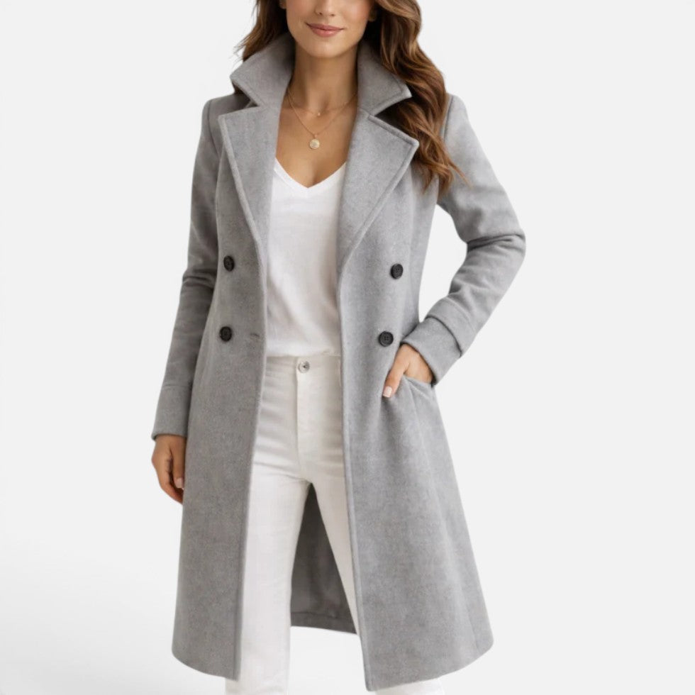 Womens Longline Double Breasted Coat Lapel Collar — Warm