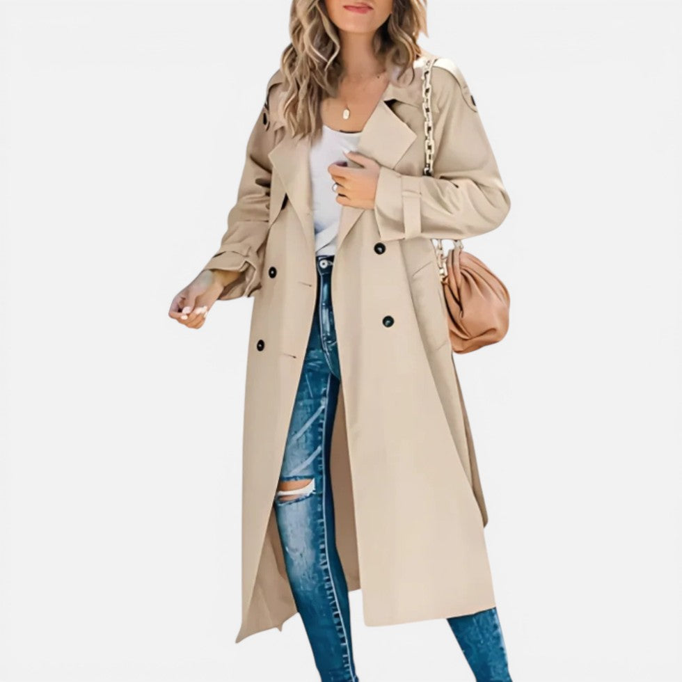 Womens Long Trench Coat Double Breasted Light Jacket