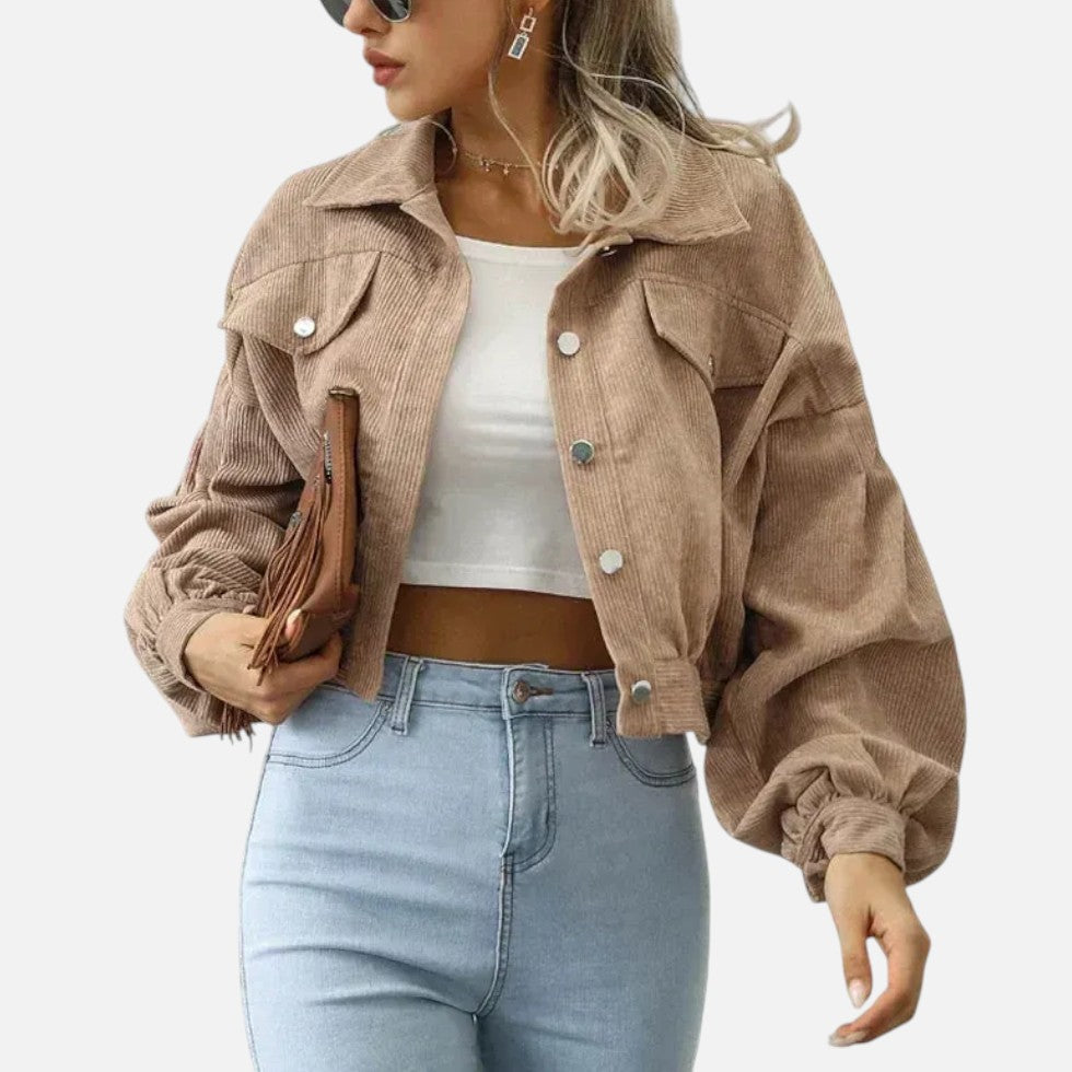 Womens Cropped Corduroy Jacket with Button Front — Warm