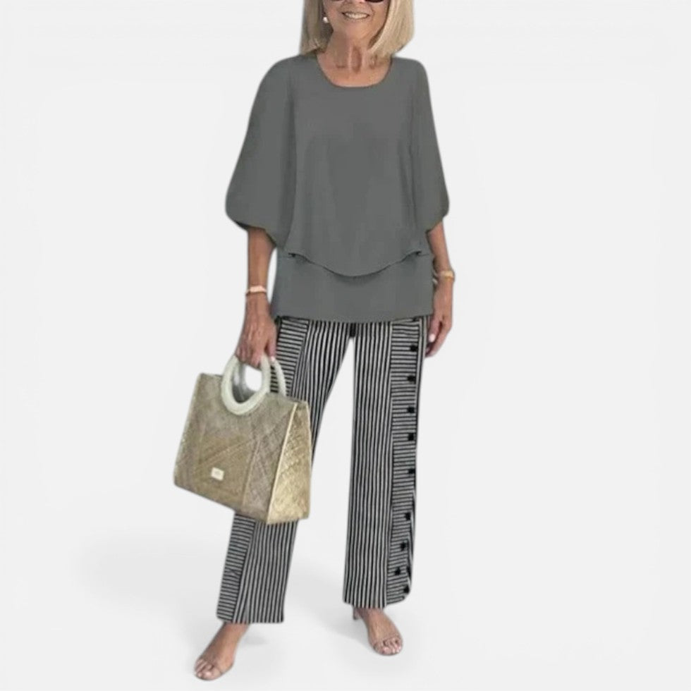 Relaxed Layered Top and Printed Trousers Set — Breathable