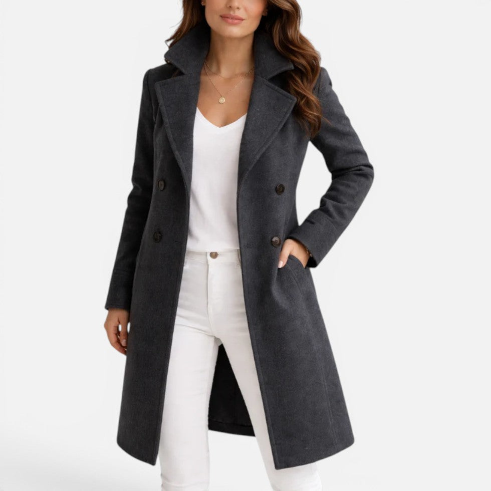 Womens Longline Double Breasted Coat Lapel Collar — Warm