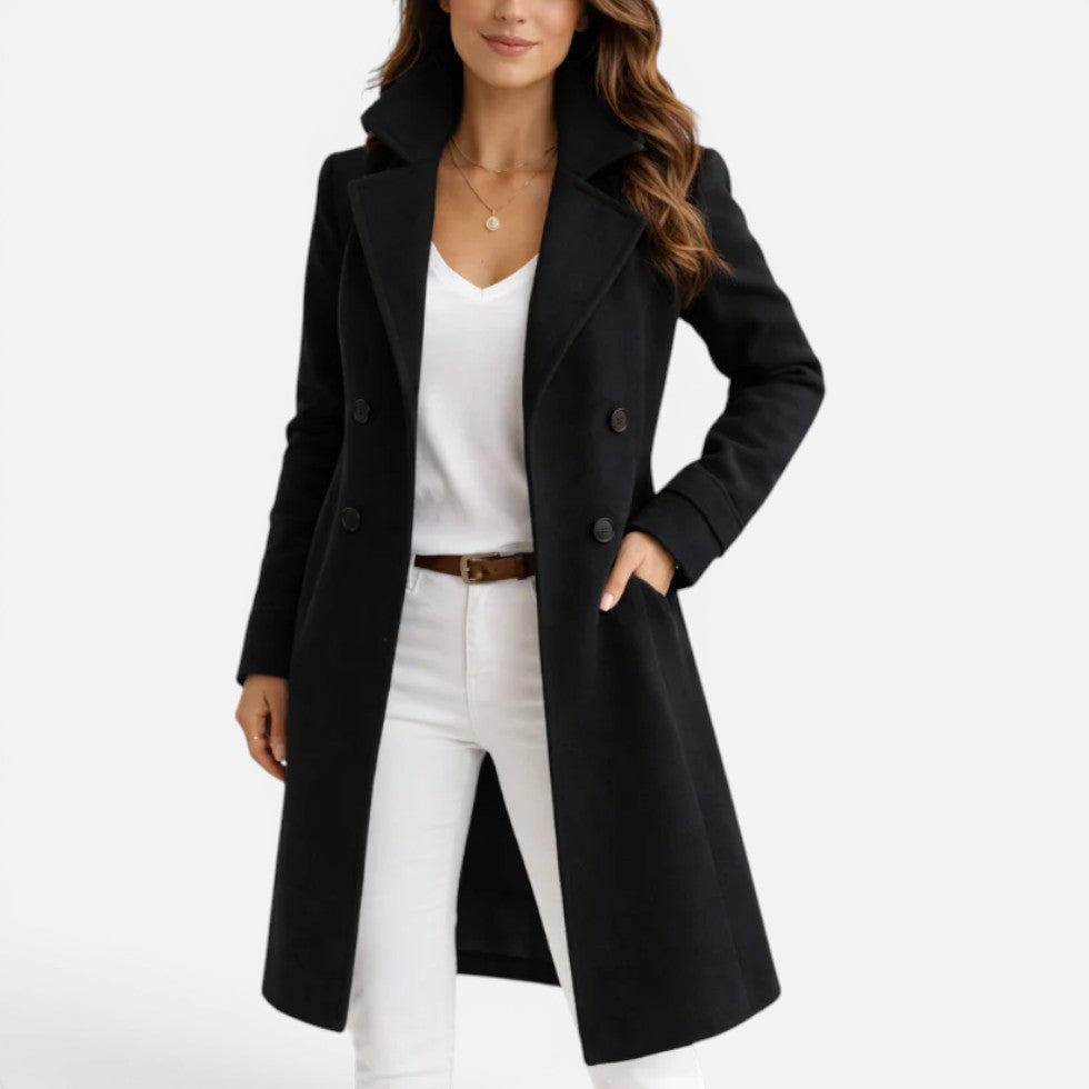 Womens Longline Double Breasted Coat Lapel Collar — Warm
