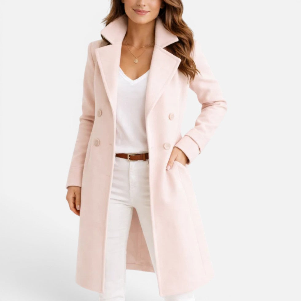 Womens Longline Double Breasted Coat Lapel Collar — Warm