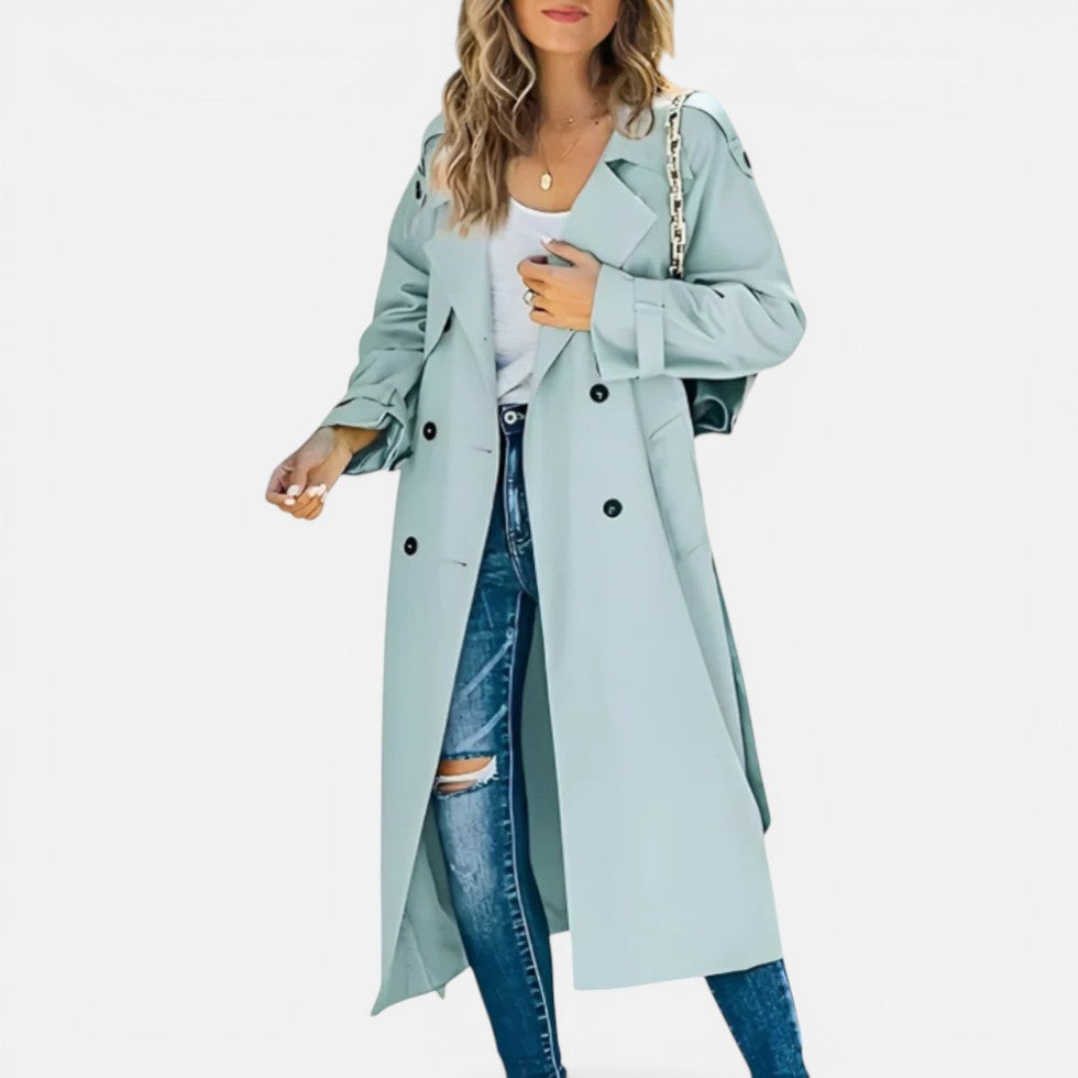 Womens Long Trench Coat Double Breasted Light Jacket