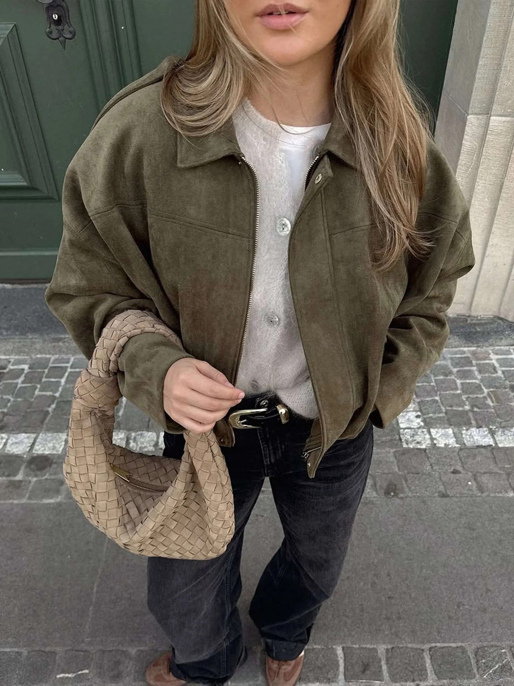 Sabina | Women's Faux Suede Collared Bomber Jacket