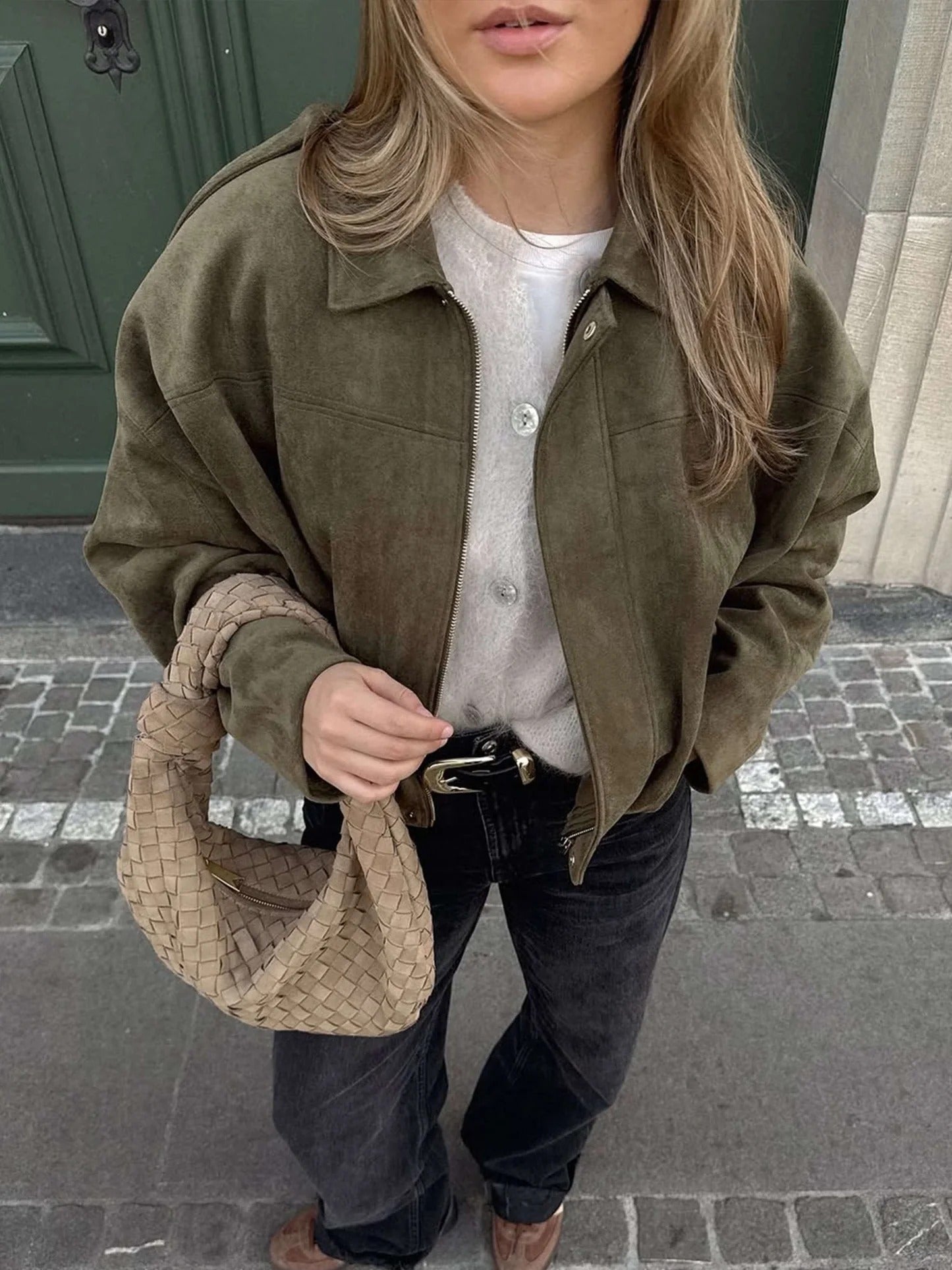 Sabina | Women's Faux Suede Collared Bomber Jacket
