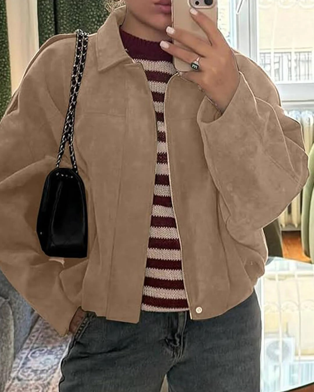 Sabina | Women's Faux Suede Collared Bomber Jacket