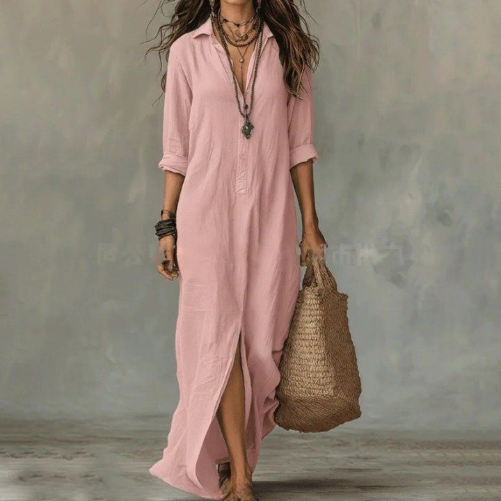Theodora | Women's Linen Maxi Shirt Dress with Three-Quarter Sleeves