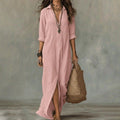 Theodora | Women's Linen Maxi Shirt Dress with Three-Quarter Sleeves