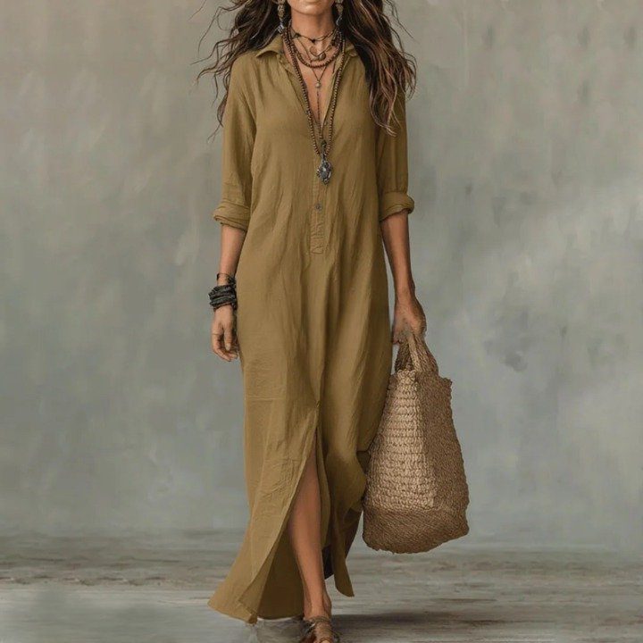 Theodora | Women's Linen Maxi Shirt Dress with Three-Quarter Sleeves