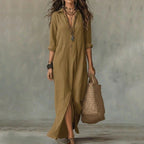 Theodora | Women's Linen Maxi Shirt Dress with Three-Quarter Sleeves
