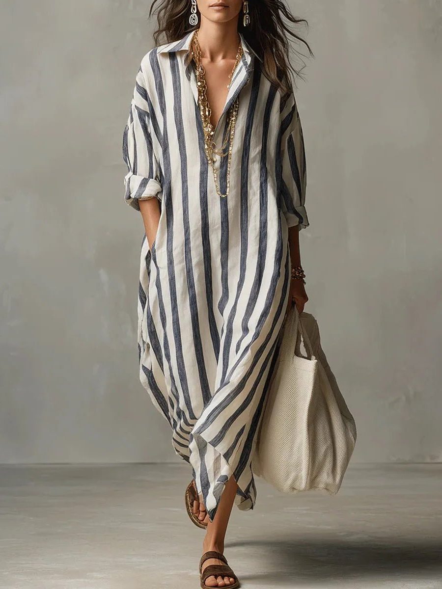 Sanne | Women's Striped Linen Maxi Shirt Dress with V-Neck