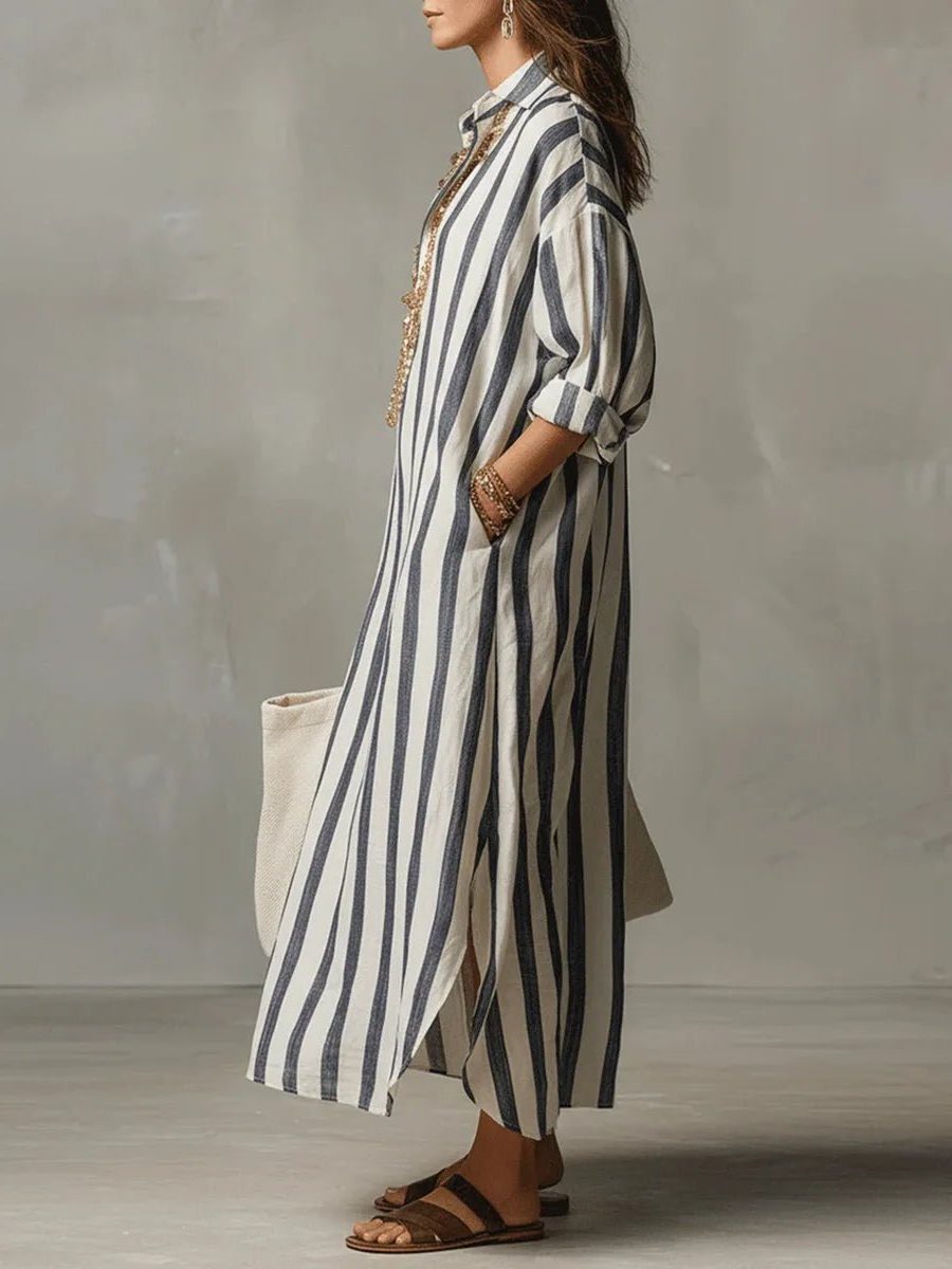 Sanne | Women's Striped Linen Maxi Shirt Dress with V-Neck